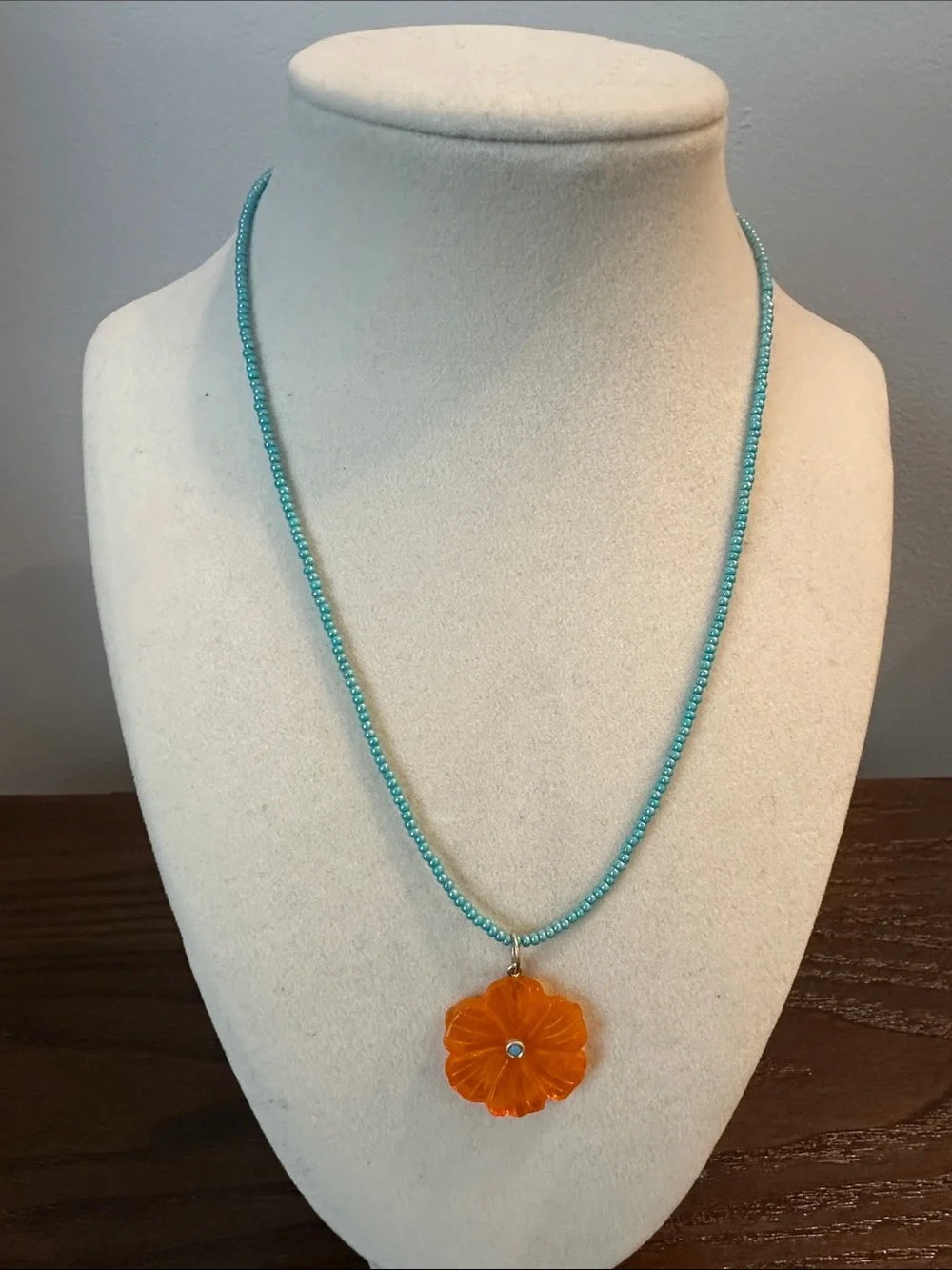 Turquoise Beaded Necklace with Orange Quartz Floral Pendant